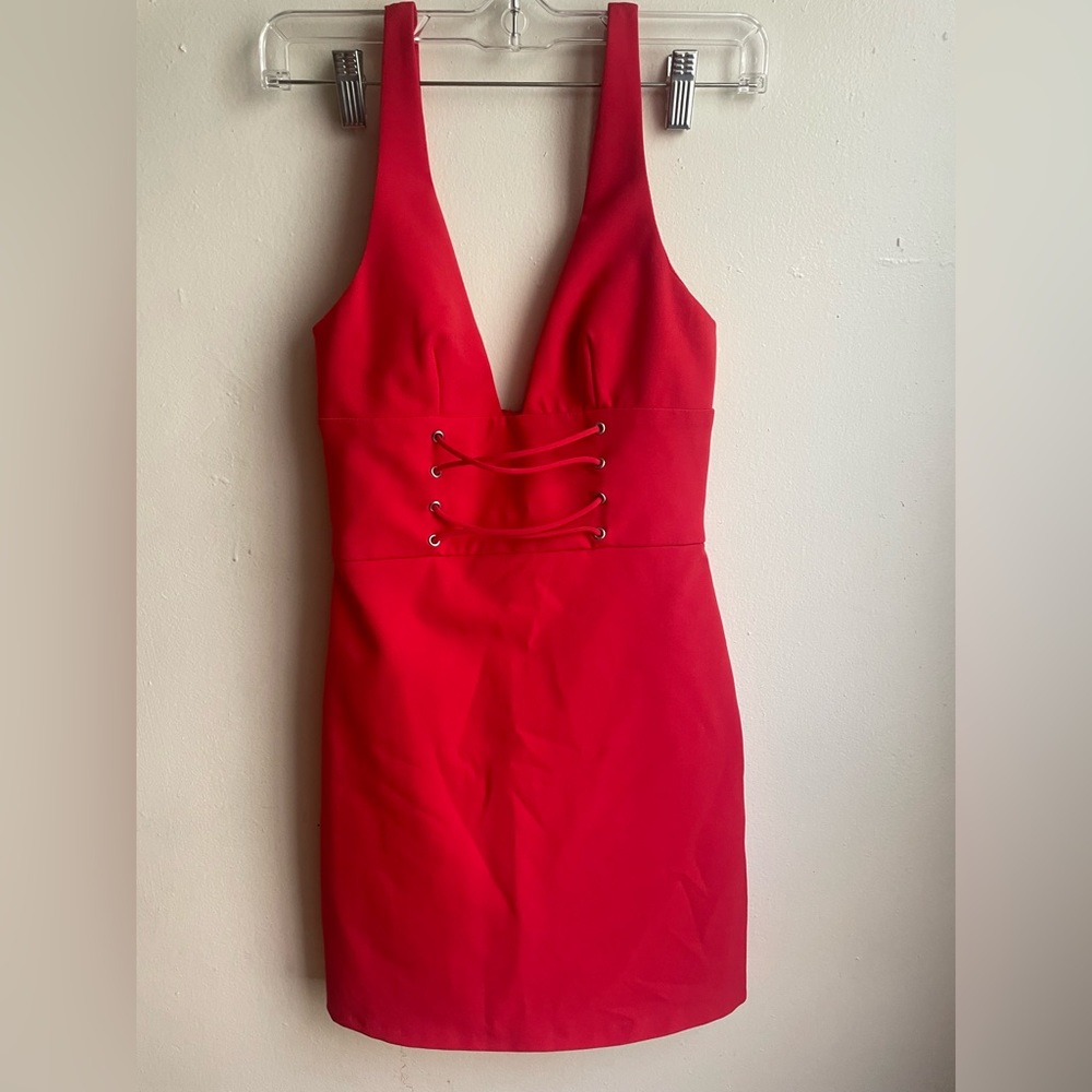 Zara Trafaluc Red Plunge V Neck Lace Front Mini Party Dress